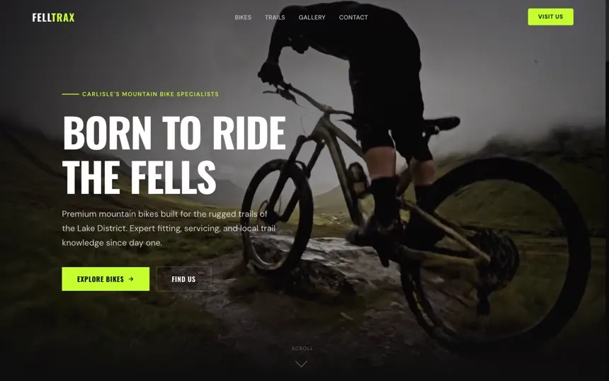 FellTrax — a mountain-bike shop website we built, set on the Lake District fells