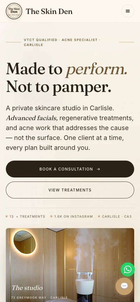 The Skin Den — an advanced skincare studio website we built, shown on mobile