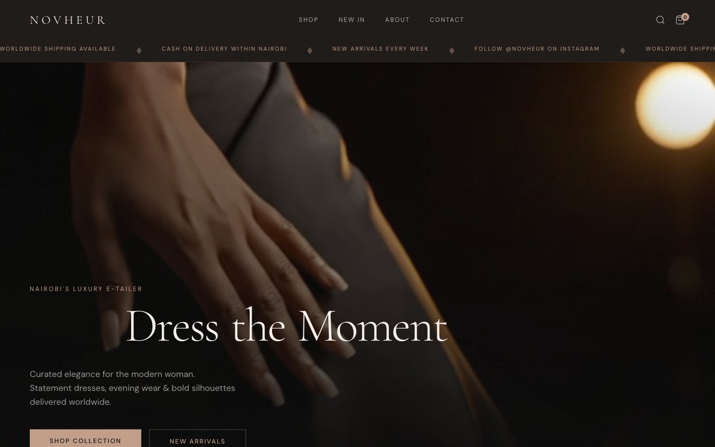 Novheur — a luxury Nairobi womenswear store we built, desktop view