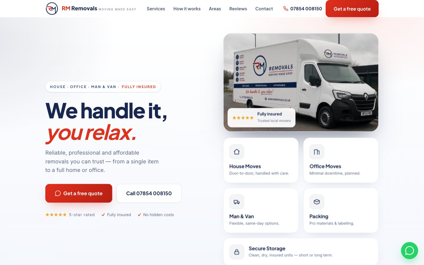 RM Removals — a house and office removals site we built, desktop view