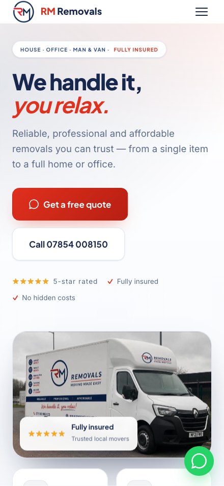 RM Removals — house and office removals site, mobile view