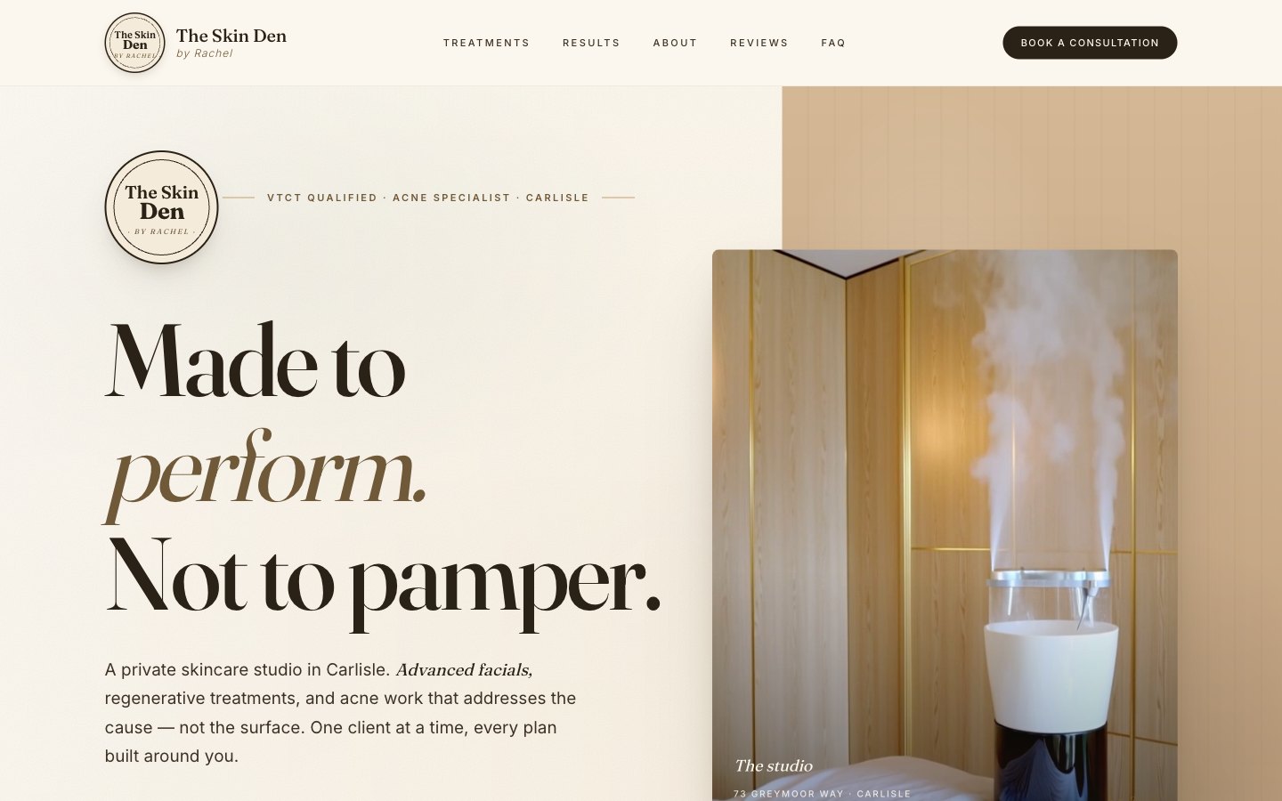 The Skin Den — an advanced skincare studio site we built, desktop view