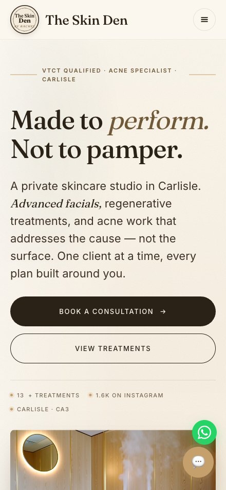 The Skin Den — advanced skincare studio site, mobile view